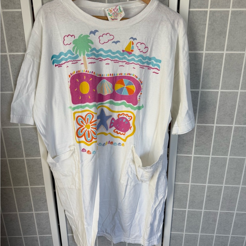Beached Swim Coverup, White and Pink, Large.